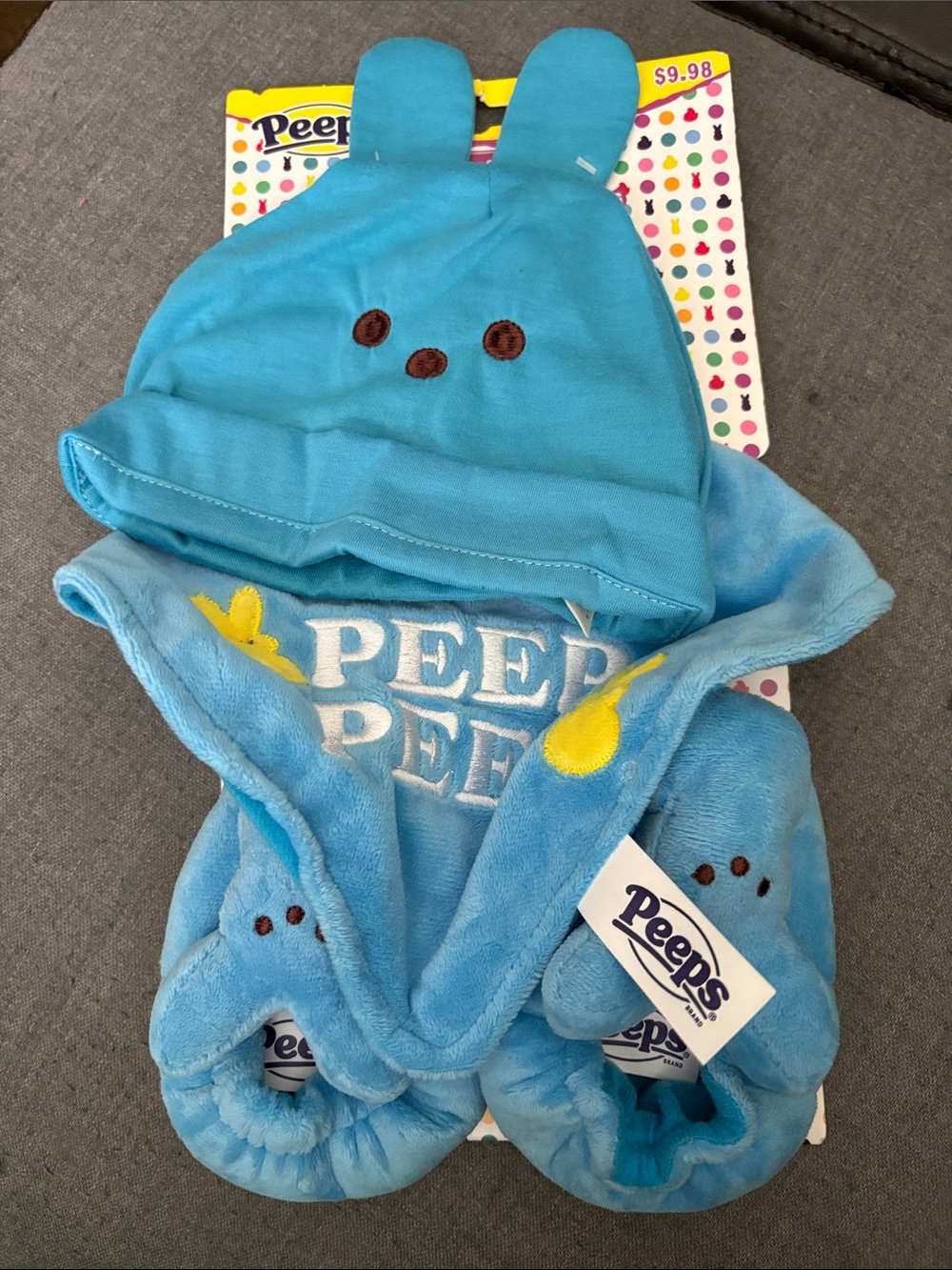 Peeps Blue Plush Baby Hat,bib, & booties.